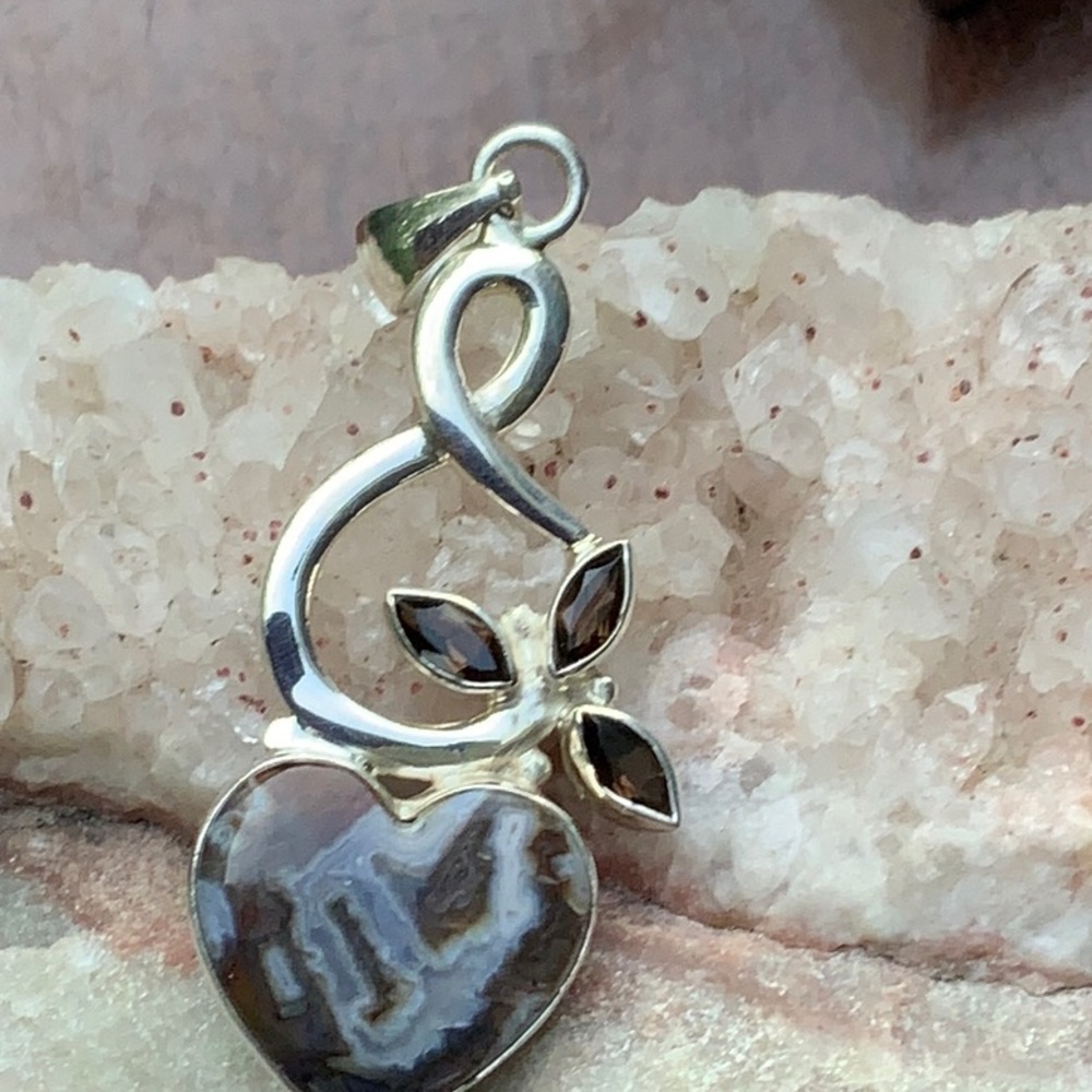 NATURAL TUBE AGATE & SMOKEY QUARTZ 925 STERLING SILVER PENDANT